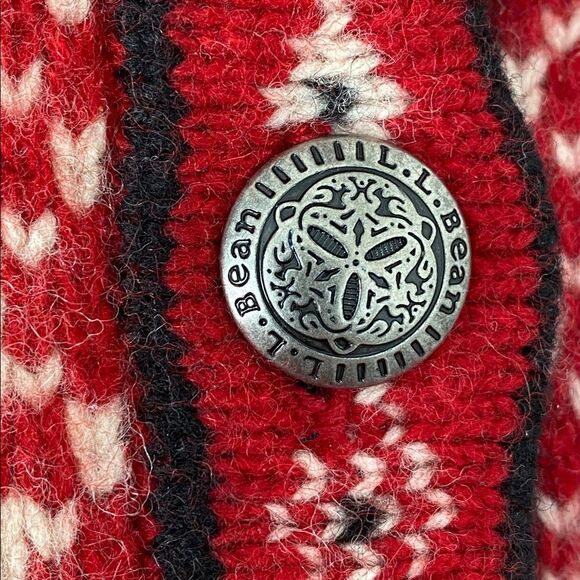 L.L. Bean Nordic Fair Isle Chunky Knit Metal Button Heavy Cardigan Red Sz L - Picture 5 of 11